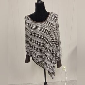 Women's Isela Asymmetrical Brown & White Poncho Sweater Size Medium Boho